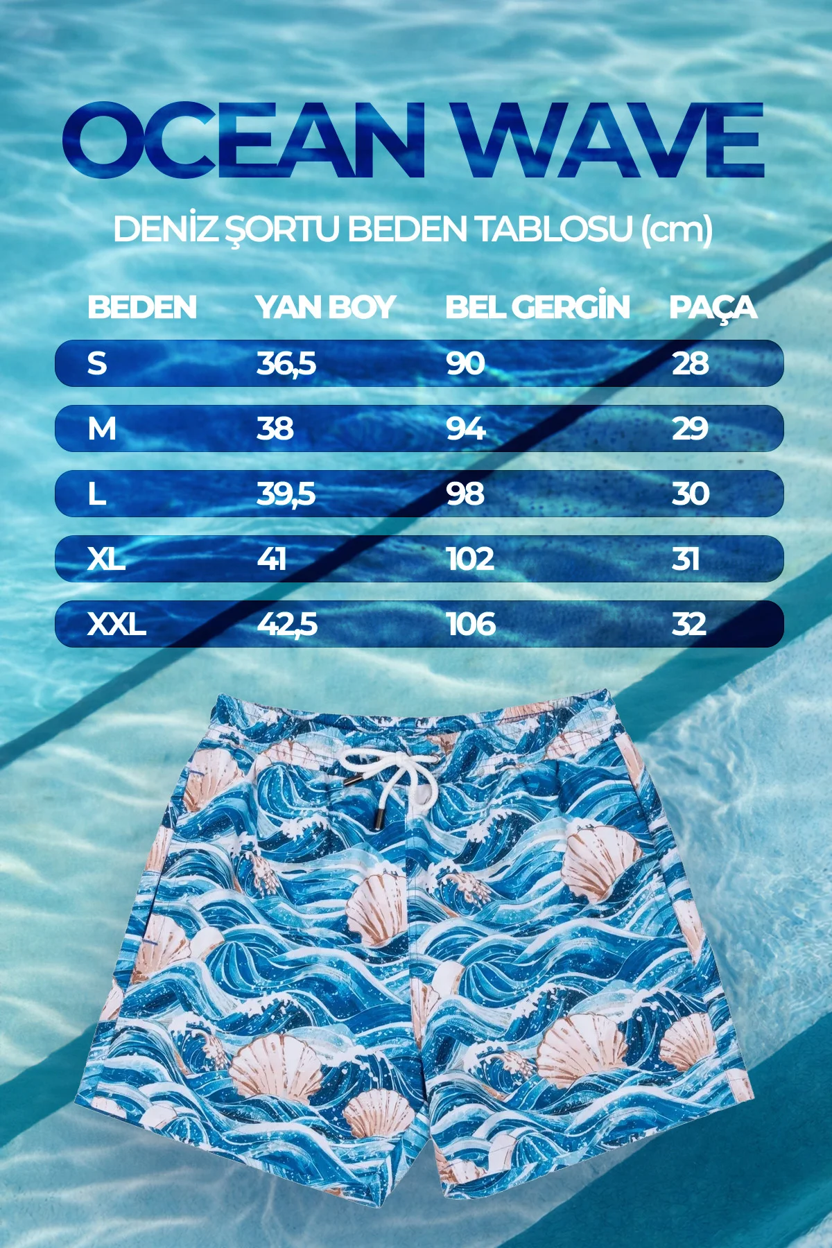 Ocean Wave Erkek Deniz Şortu Hızlı Kuruyan AquaDry Kumaş, Mavi Tonlar, Fermuarlı Cepli - Görsel 7