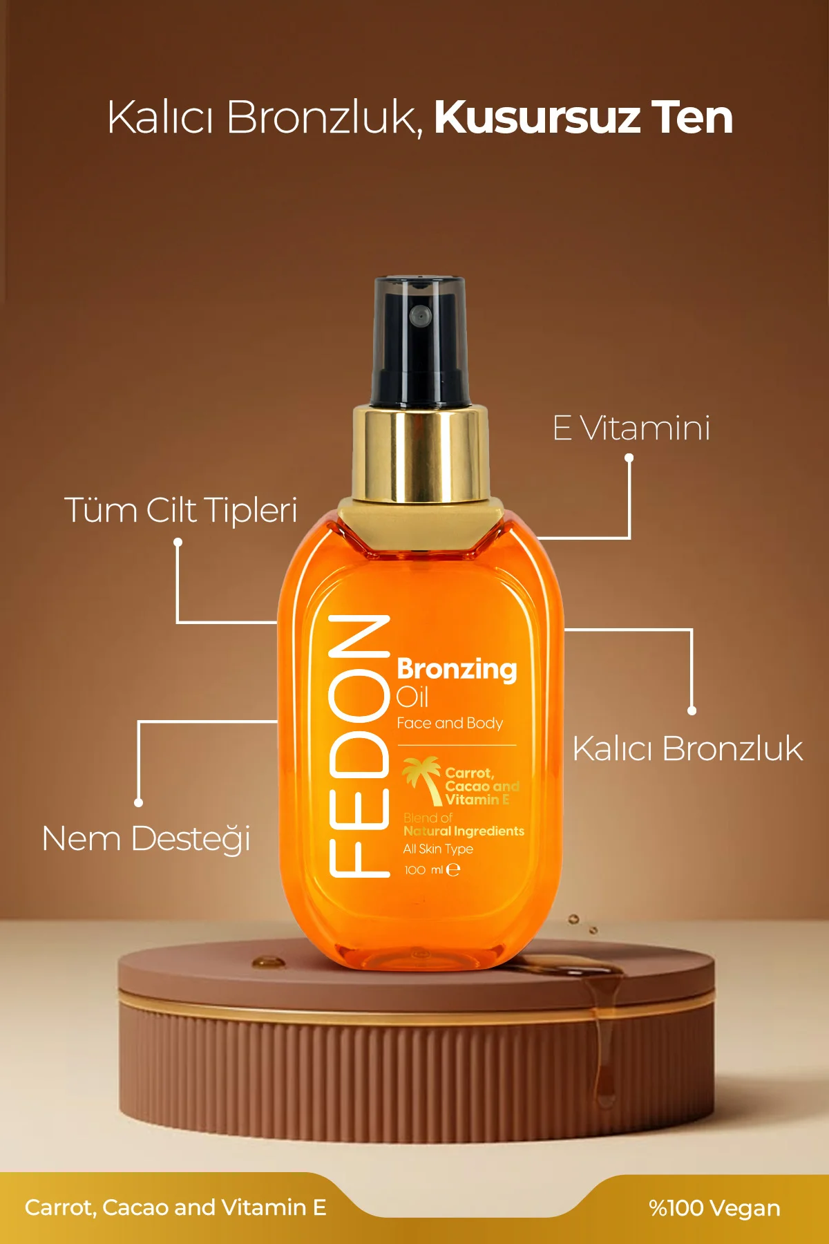 Kabin Boy Bronzlaştırıcı Güneş Yağı Vegan E Vitamini Kakao İçerikli Bronzing Sun Oil 100 ml - Görsel 4