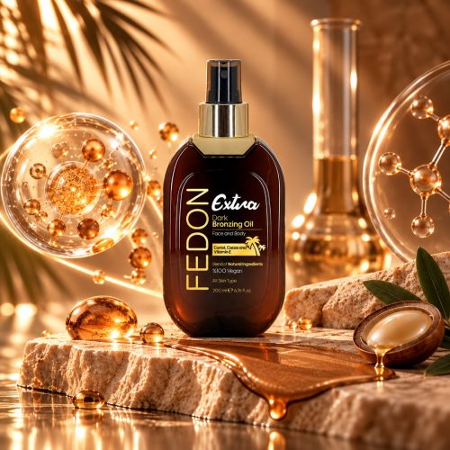 Fedon Extra Dark Bronzing Oil bronzlaştırıcı güneş yağı şişesi, altın renkli yağ damlaları ve palmiye gölgeleri arasında