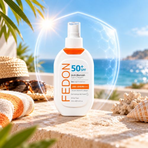 Fedon SPF 50+ Anti-Blemish güneş kremi şişesi, deniz kenarında hasır şapka, güneş gözlüğü ve deniz kabuklarının yanında duruyor