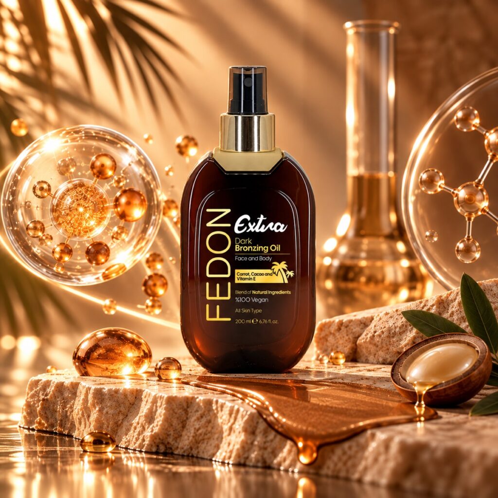 Fedon Extra Dark Bronzing Oil bronzlaştırıcı güneş yağı şişesi, altın renkli yağ damlaları ve palmiye gölgeleri arasında