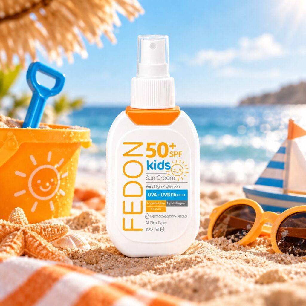 Fedon Kids SPF 50+ çocuk güneş kremi şişesi, kumsalda oyuncak kova, kürek ve yelkenli ile birlikte