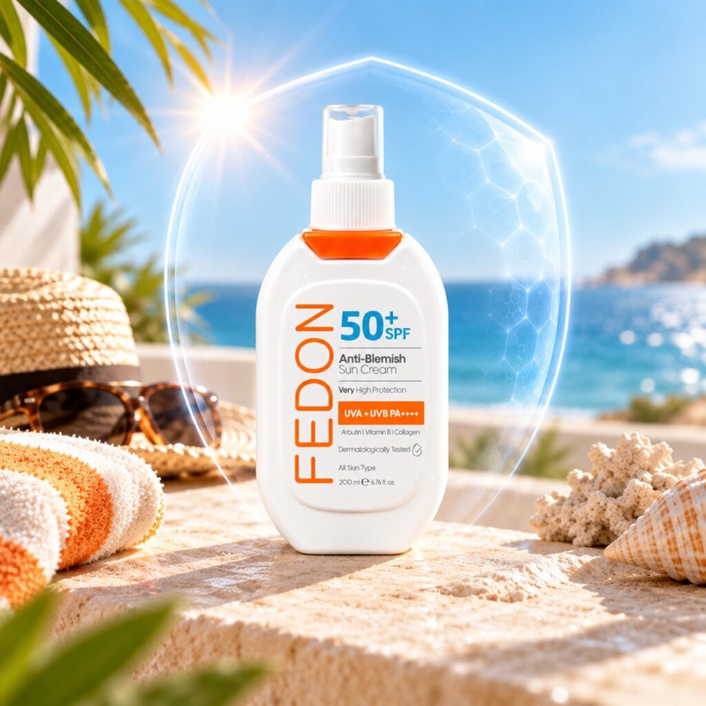 Fedon SPF 50+ Anti-Blemish güneş kremi şişesi, deniz kenarında hasır şapka, güneş gözlüğü ve deniz kabuklarının yanında duruyor